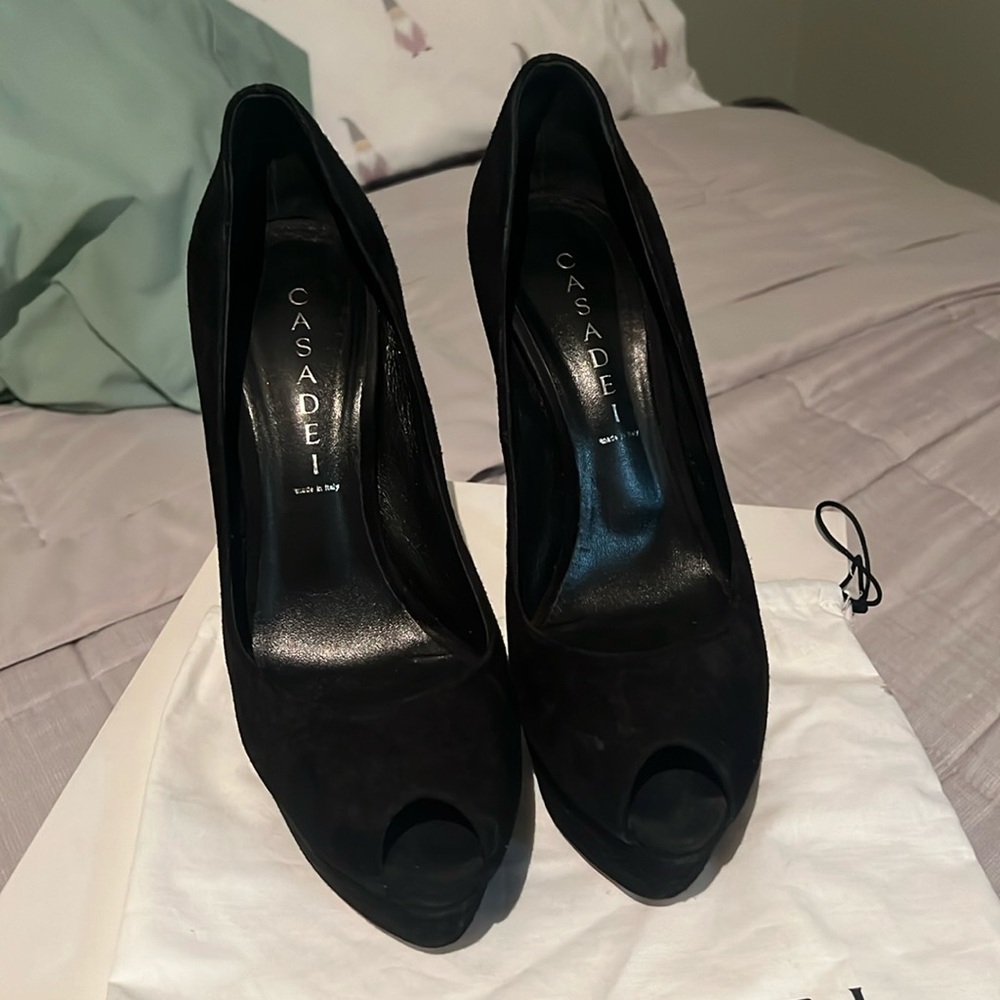Casadei Suede platform black peep toe pumps